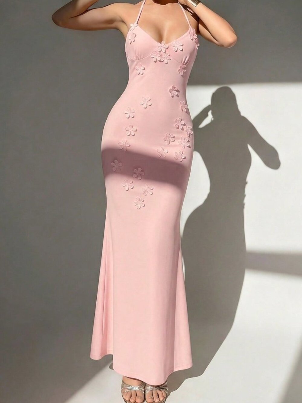 Baby Pink Y2K Mermaid Maxi Slip Dress Women's Sexy Micro Cup 3D Floral Dress - Picture 4 of 7